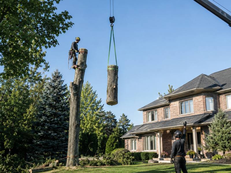 A High Park Tree Service crew lifting a cut trunk section clear by crane