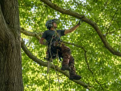 Climber moving out along a limb inside a dense summer canopy