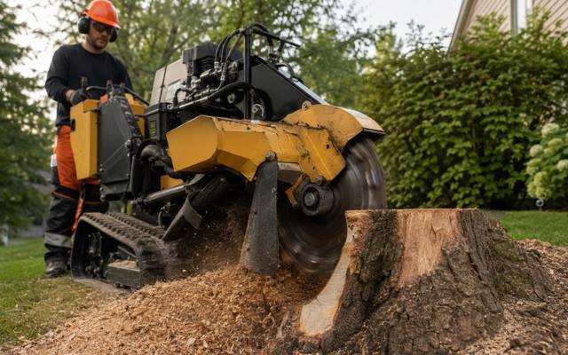 Grinder wheel cutting into a stump with the chips coming off the face