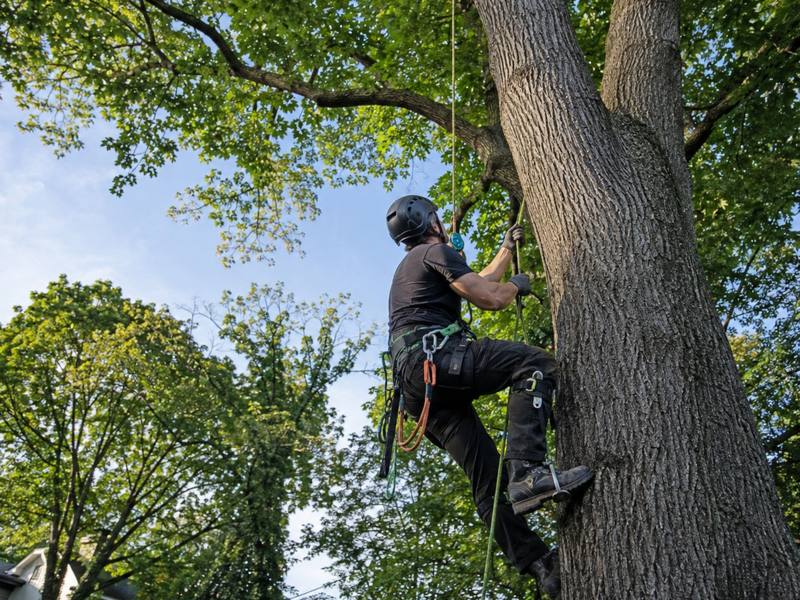 Climber ascending the trunk of a dead ash on rope and spikes